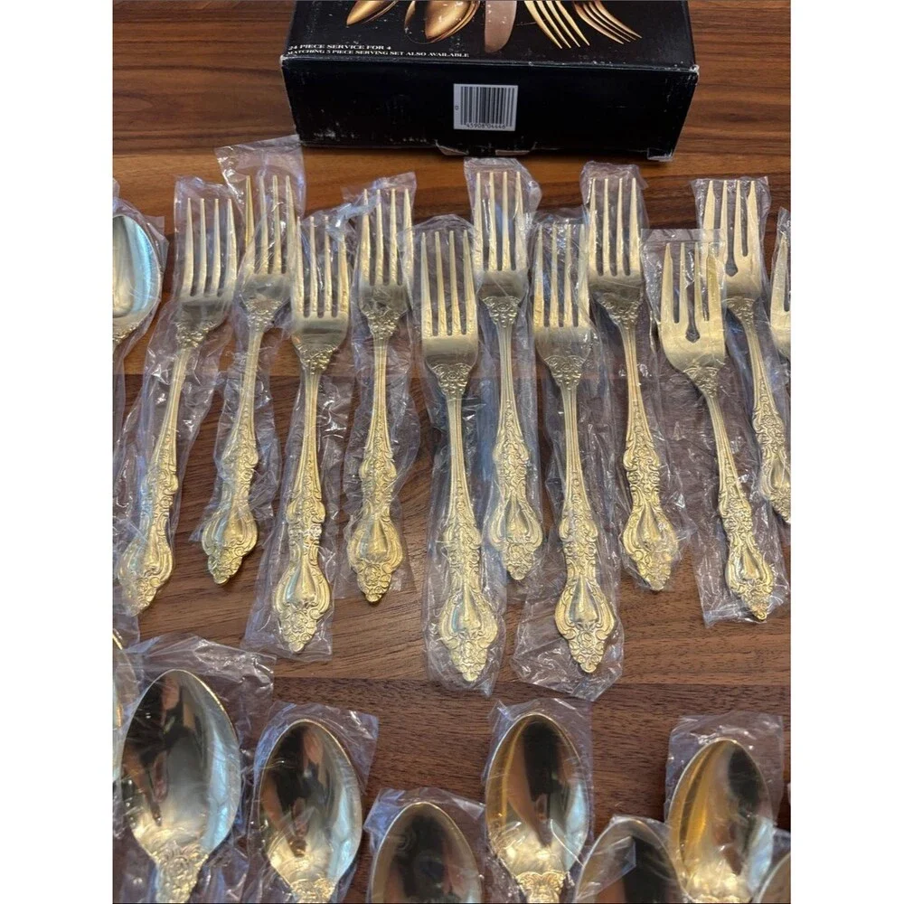 New Barclay Geneve Golden Crown Royale Weighted Flatware Silverware Set of 48